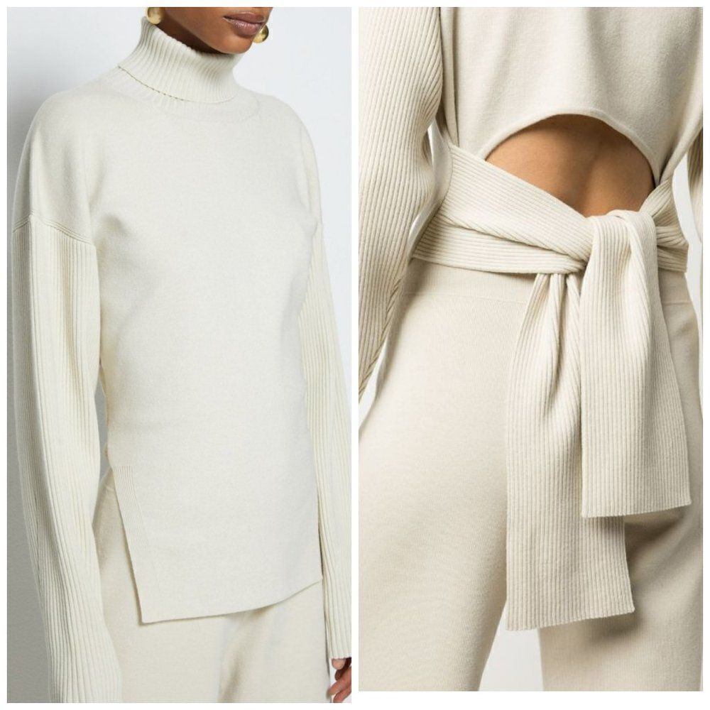 Jonathan Simkhai Eleanor Tie Back Cut Out Ribbed Knit Turtleneck Sweater